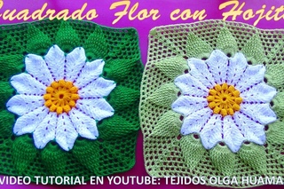 Muestra Cuadrada a crochet FLOR con Hojas en Relieves paso a paso para Colchas y cojines