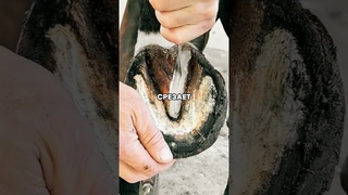 Убирает грязь с копыта лошади