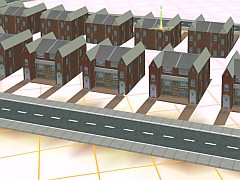 RRS - Brick Duplex House or Apartments, Block of 5 with sidewalks and driveways