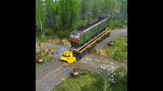 Crazy truck driver carrying locomotive across river
