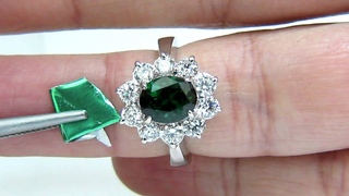 Avis Diamond:  NATURAL TOP GEM VIVID GREEN TSAVORITE DIAMOND RING A+ HALO DECO