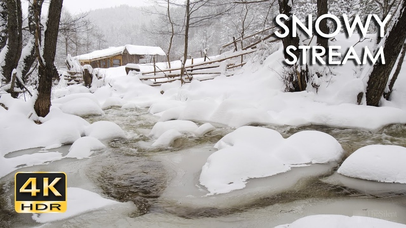 4 K HDR Snowy Stream Winter Forest Scenery Brook Sounds Snowfall Flowing Water Relax,
