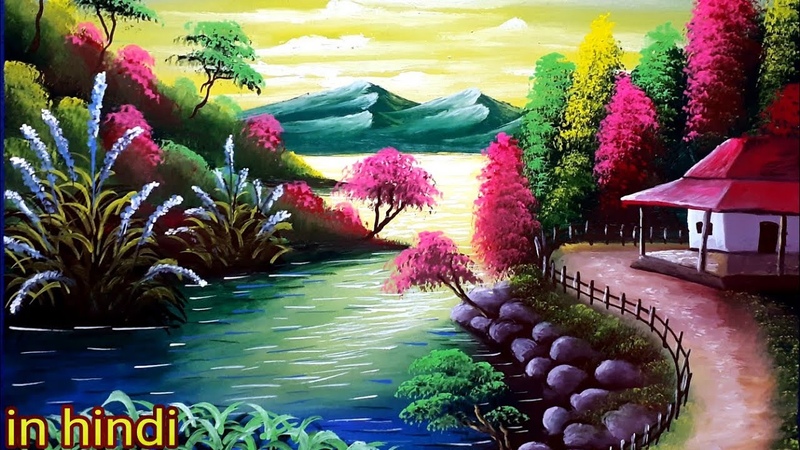 wildflower nature painting landscape village in hindi, , scenery drawing