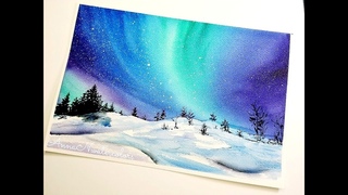 Winter Landscape Northern Lights Watercolor Painting