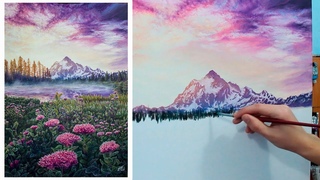 “Morning near the Lake“ - Oil Painting of Flowers and Mountain Landscape - tutorial Time-Lapse