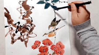 Sparrows and Morning Glory of Ink wash painting