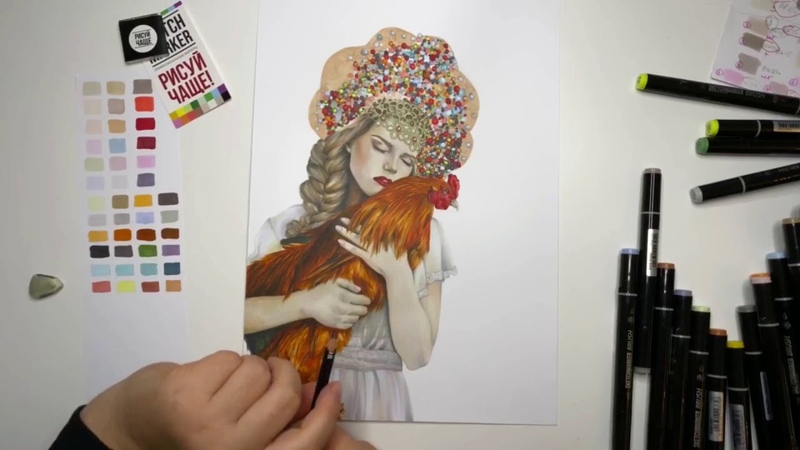 Рисуем девушку в кокошнике и с рыжей